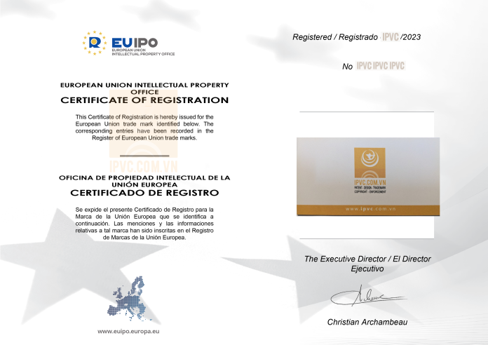 Ảnh văn bằng nhãn hiệu được bảo hộ tại EU do IPVC hỗ trợ thực hiện được cấp vào tháng 5/2023